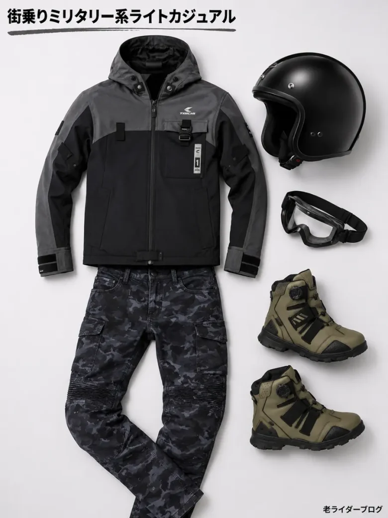 かっこいいバイク服装　ミリタリーコーデ