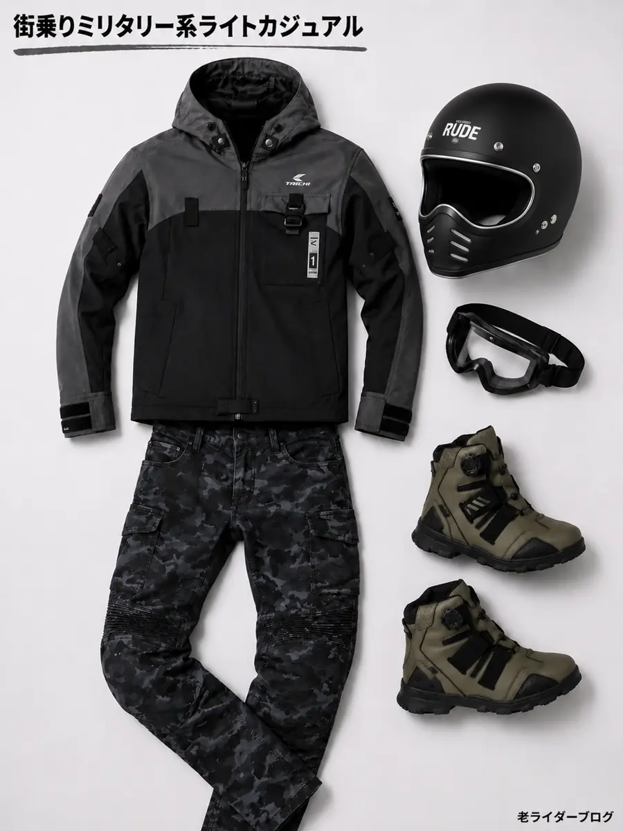 かっこいいバイクの服装コーデ ミリタリー風