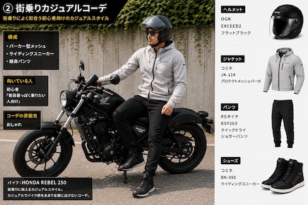 レブル250に似合う夏の服装街乗りコーデ
